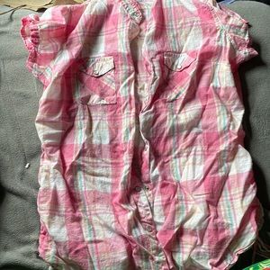 Pink, white, green, orange, and yellow button up blouse with ruffle sleeves